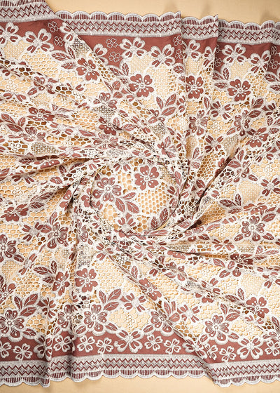Brown Cotton Fabric With All Over Thread And Cutwork With Two Side Scalloped Border 21885