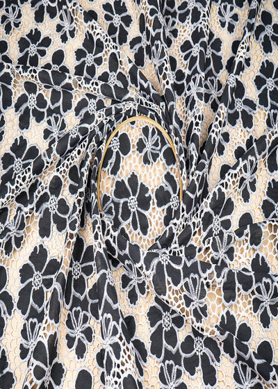 Black Cotton Fabric With All Over Thread And Cutwork With Scalloped Edges 21886