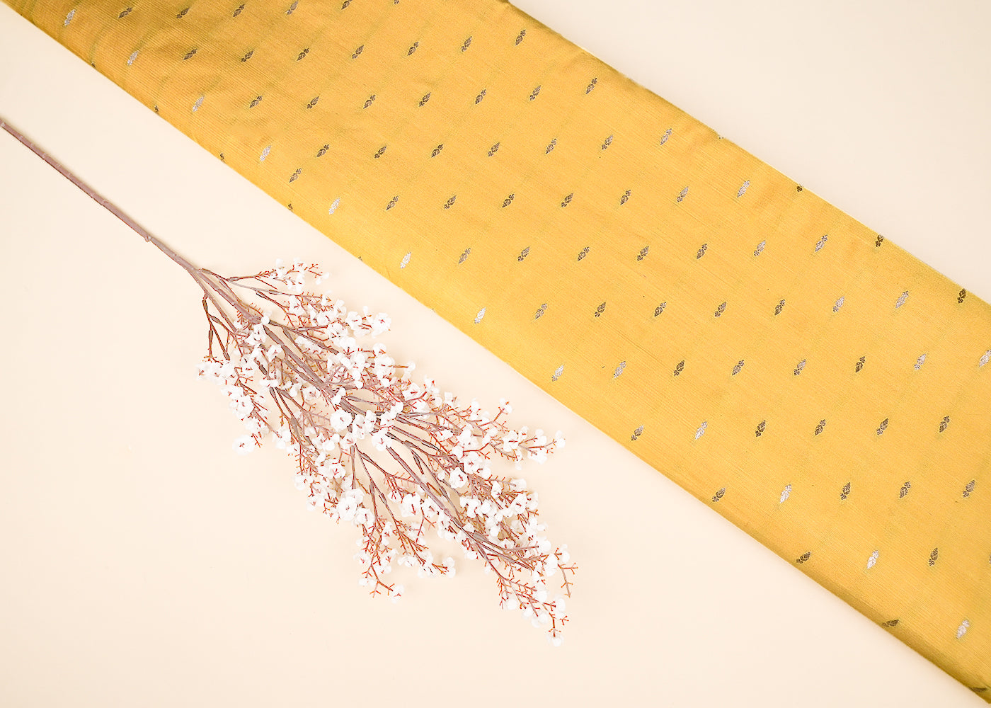 Yellow Cotton Silk Fabric With All Over Zari Handloom 21892