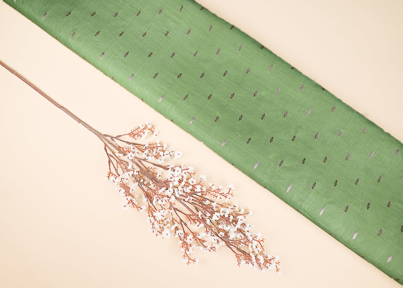 Parrot Green Cotton Silk Fabric With All Over Zari Handloom 21894