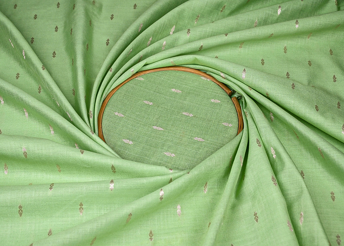 Parrot Green Cotton Silk Fabric With All Over Zari Handloom 21894