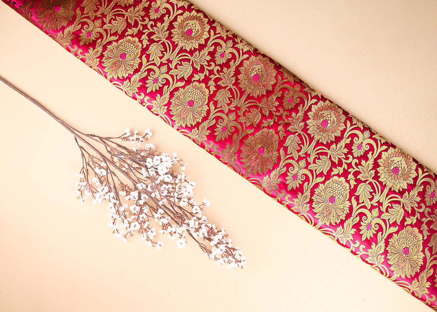 Rani Pink Banarasi Brocade Fabric With All Over Golden Zari Handloom 21901