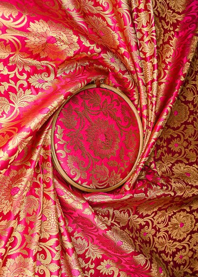 Rani Pink Banarasi Brocade Fabric With All Over Golden Zari Handloom 21901