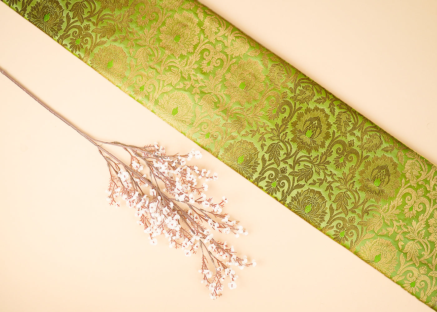 Lime Green Banarasi Brocade Fabric With All Over Golden Zari Handloom 21902