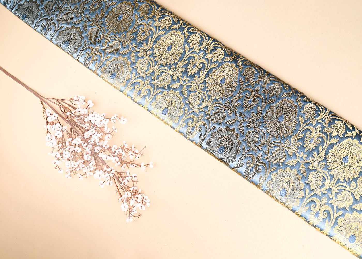 Grey Banarasi Brocade Fabric With All Over Golden Zari Handloom 21903