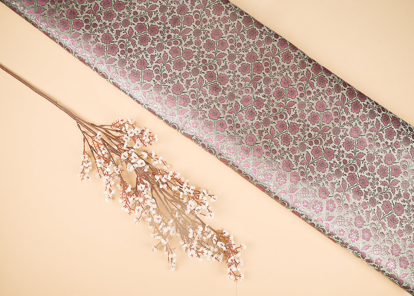 Pista Green Banarasi Brocade Fabric With All Over Thread And Golden Zari Handloom 21904