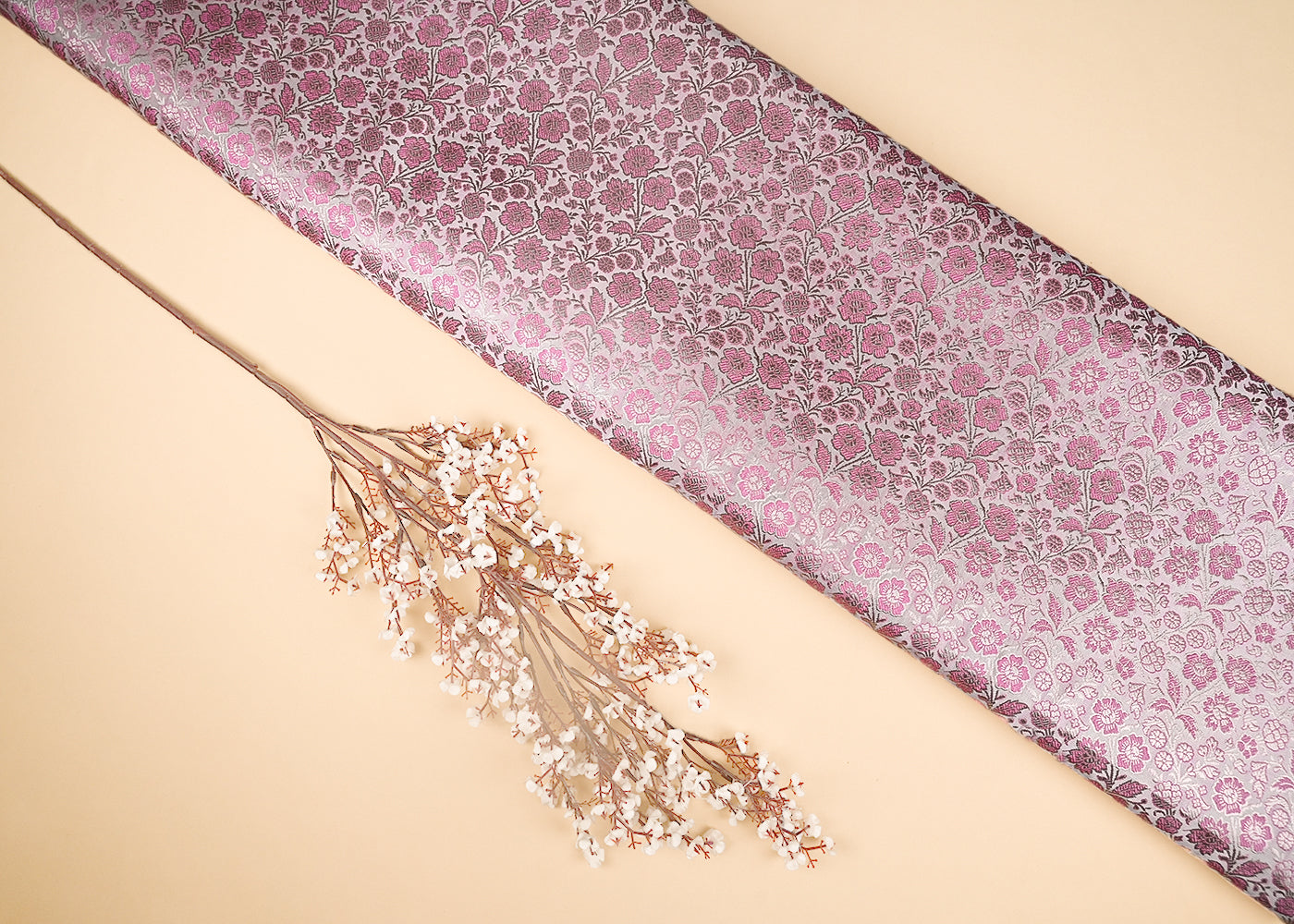 Cream Banarasi Brocade Fabric With All Over Thread And Golden Zari Handloom 21907