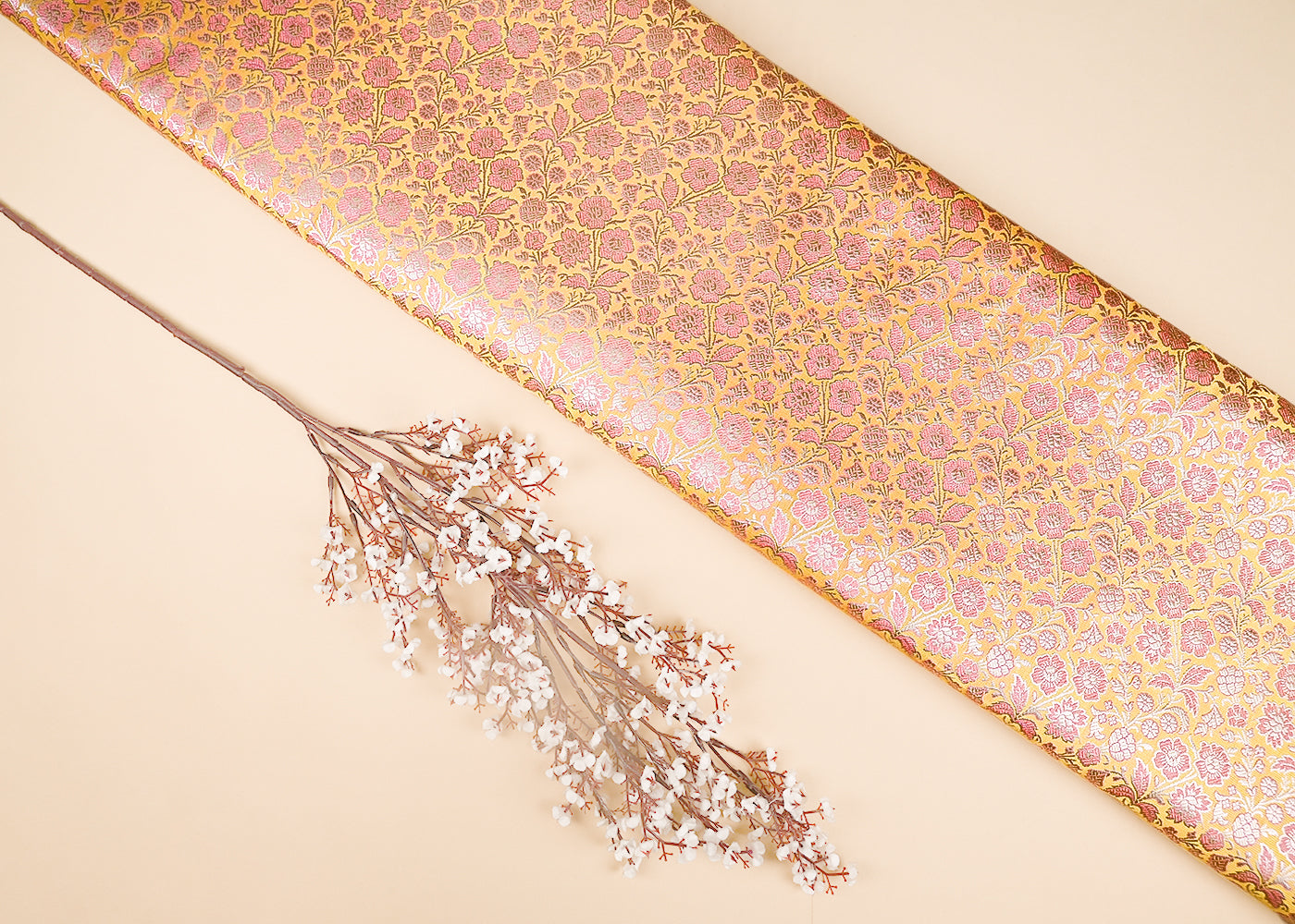 Yellow Banarasi Brocade Fabric With All Over Thread And Golden Zari Handloom 21908