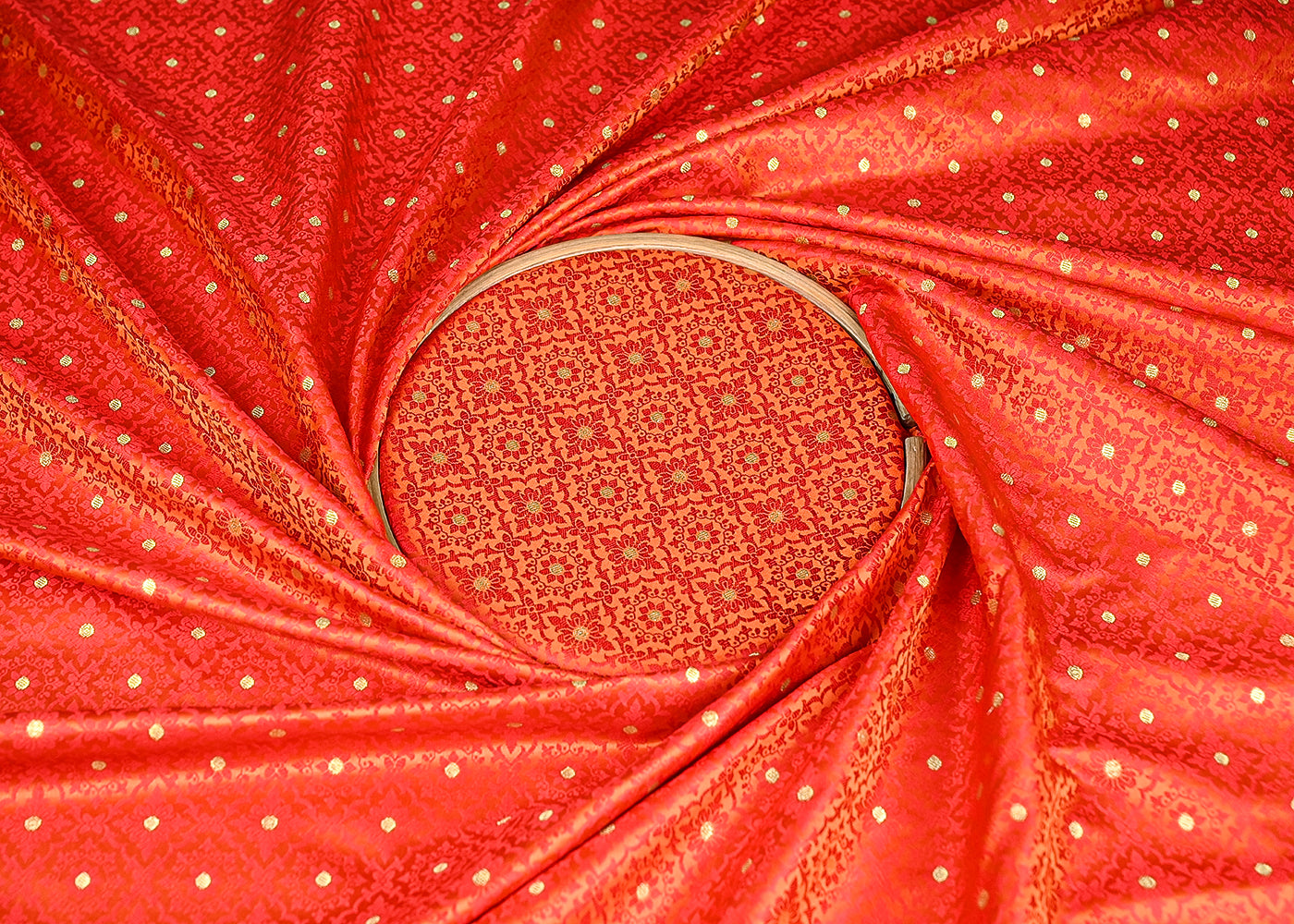 Orange Banarasi Brocade Fabric With All Over Golden Zari Handloom 21916