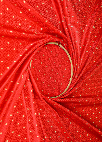 Red Banarasi Brocade Fabric With All Over Golden Zari Handloom 21922