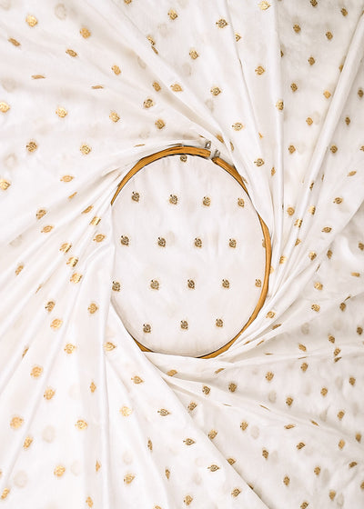White Dyeable Banarasi Brocade Fabric With All Over Buti Of Golden Zari Handloom 21924