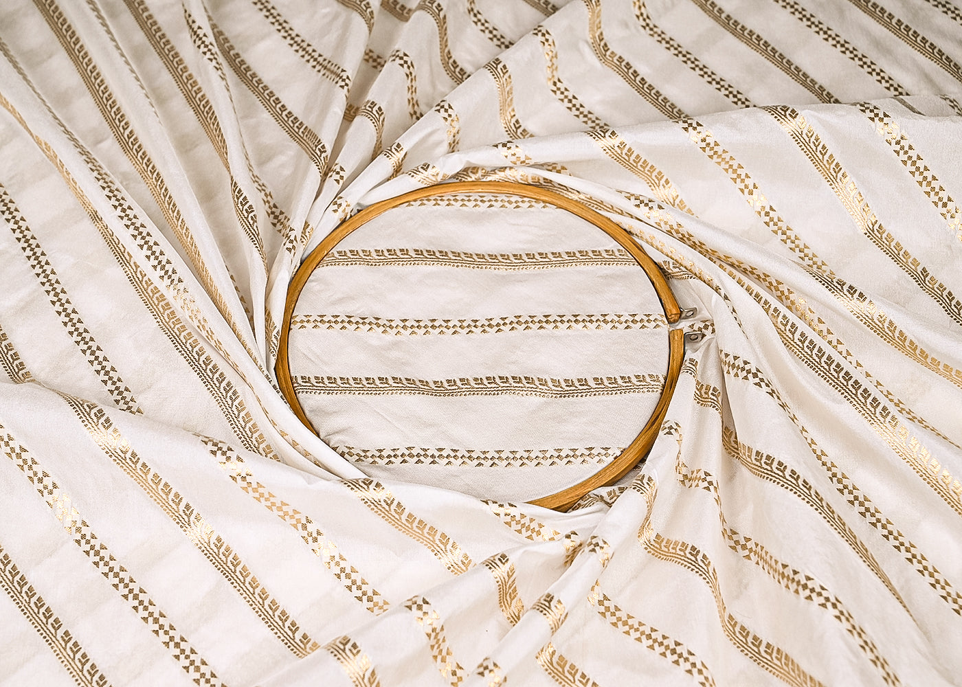 White Dyeable Banarasi Brocade Fabric With All Over Stripes Of Golden Zari Handloom 21928