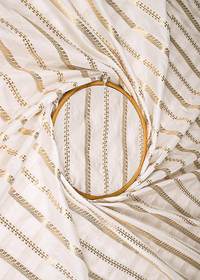White Dyeable Banarasi Brocade Fabric With All Over Stripes Of Golden Zari Handloom 21928