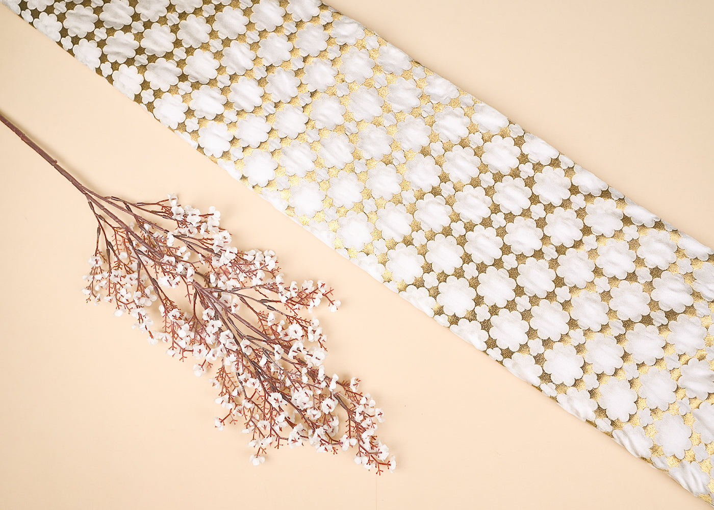 White Dyeable Banarasi Brocade Fabric With All Over Golden Zari Handloom 21929