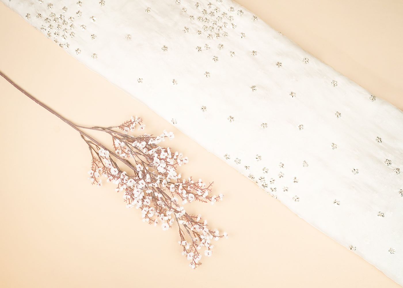 White Dyeable Organza Fabric With All Over Sequins And Katdana Work 21930