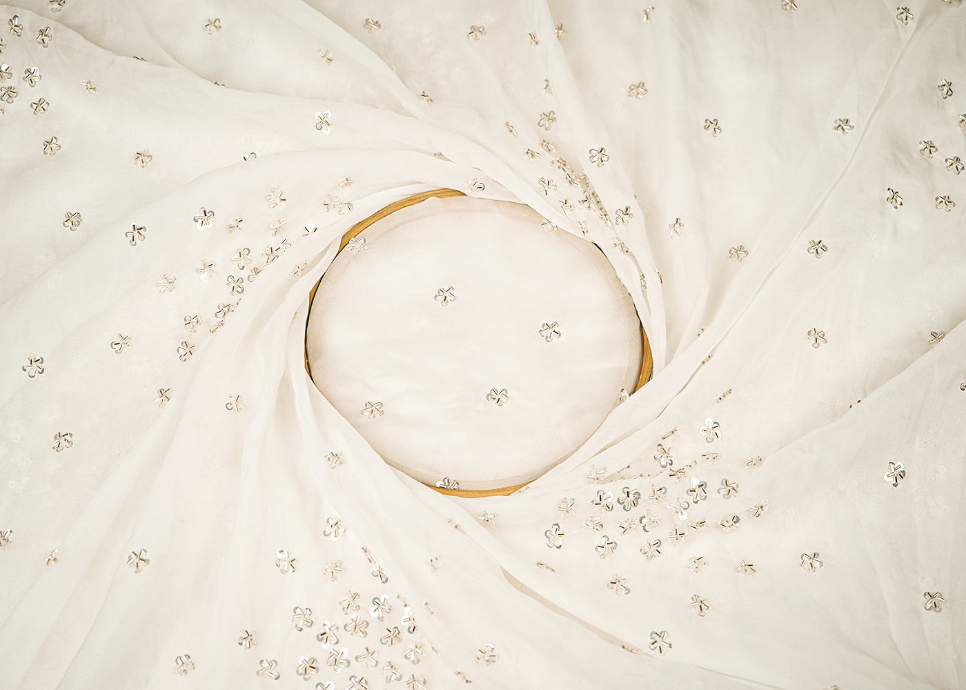 White Dyeable Organza Fabric With All Over Sequins And Katdana Work 21930
