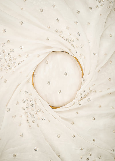 White Dyeable Organza Fabric With All Over Sequins And Katdana Work 21930