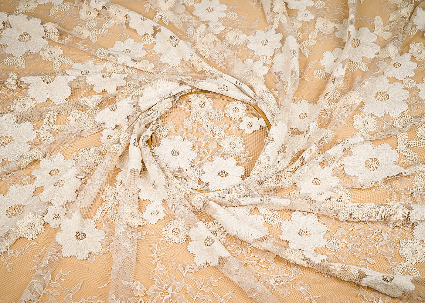 Cream Sandline Lace Fabric with All Over Floral Pattern With Thread, Sequins and Katdana Work 21931