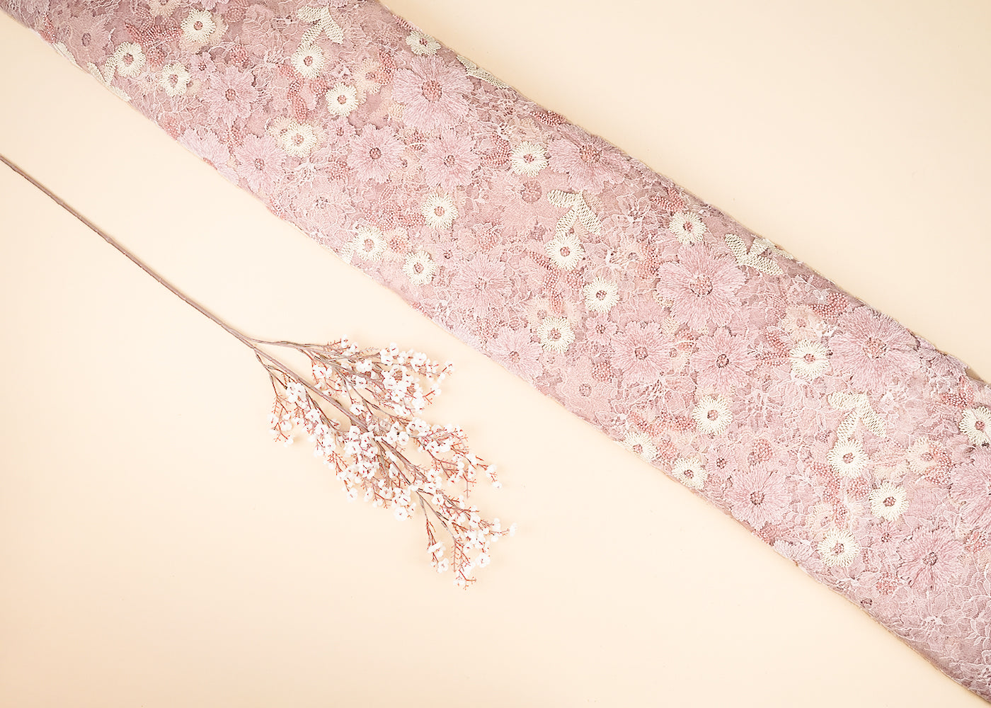 Baby Pink Sandline Lace Fabric with All Over Floral Pattern With Thread, Sequins and Katdana Work 21932