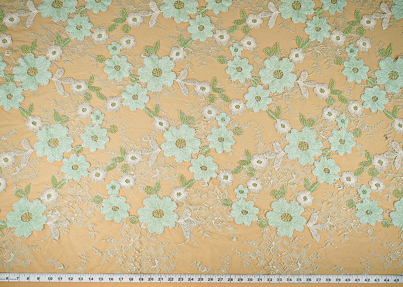 Light Green Sandline Lace Fabric with All Over Floral Pattern With Thread, Sequins and Katdana Work 21933