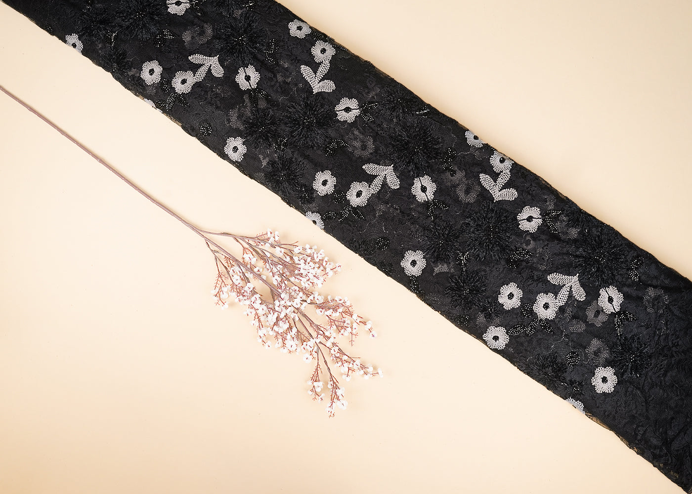 Black Sandline Lace Fabric with All Over Floral Pattern With Thread, Sequins and Katdana Work 21934