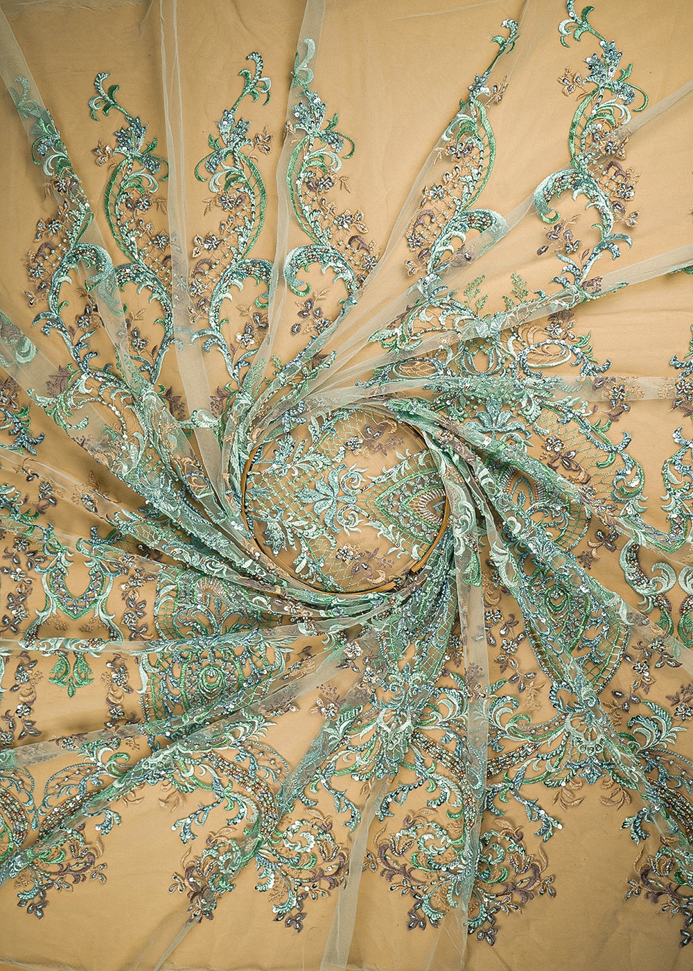 Sea Green Imported Net Fabric With All Over Sequins, Thread, Bead And Katdana Work 21935