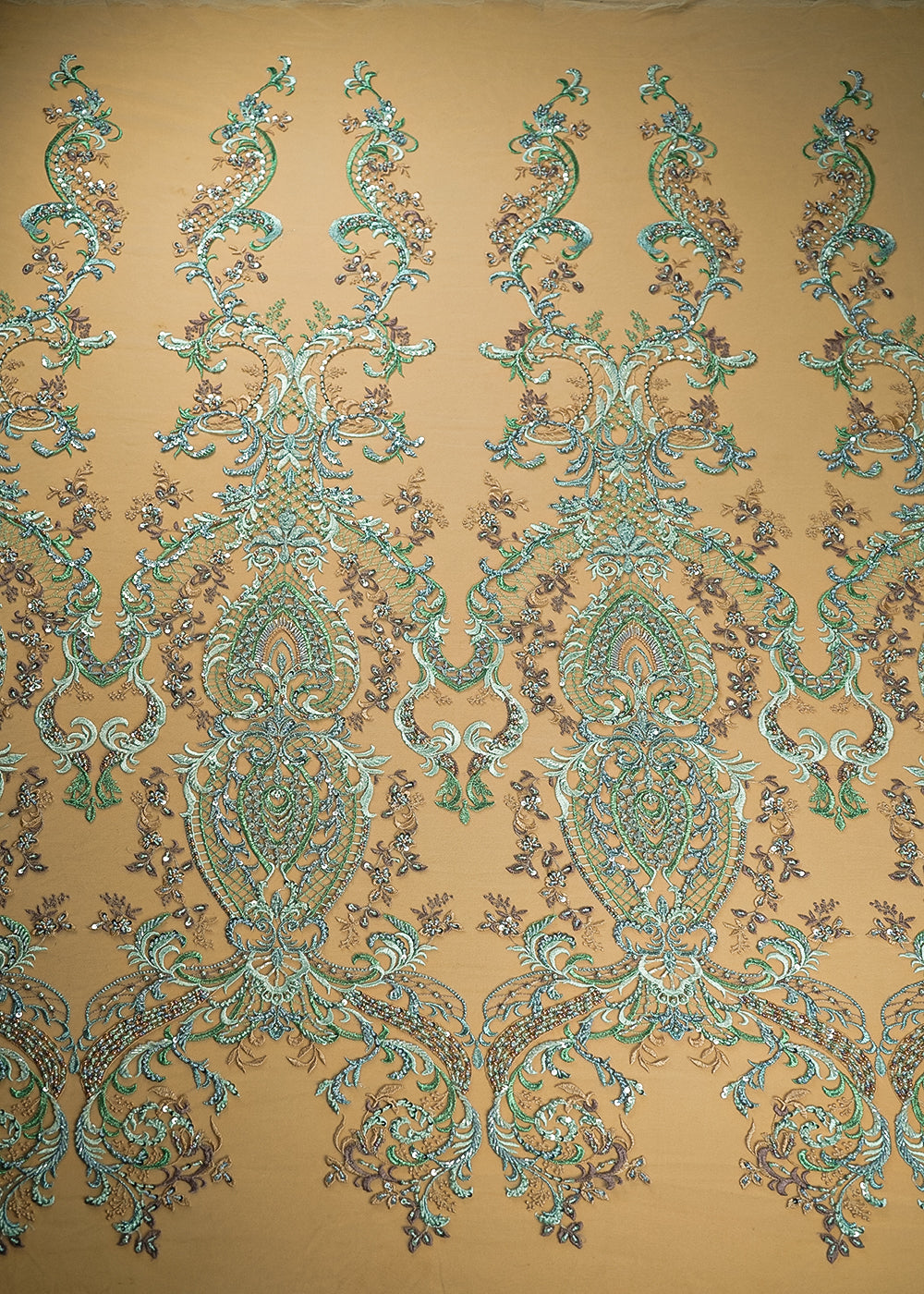 Sea Green Imported Net Fabric With All Over Sequins, Thread, Bead And Katdana Work 21935