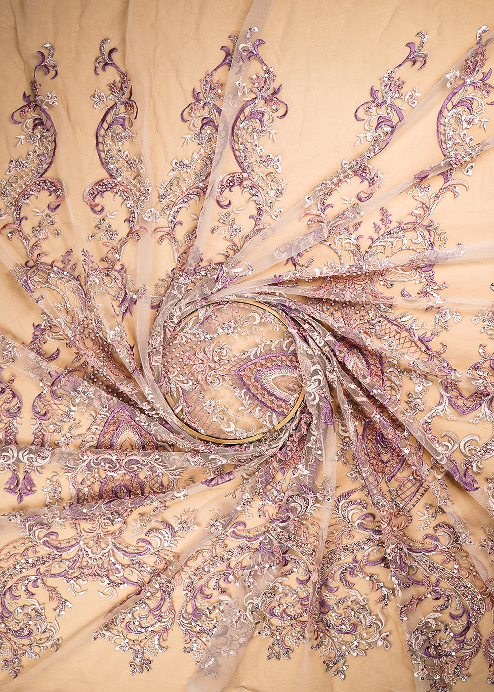 Onion Pink Imported Net Fabric With All Over Sequins, Thread, Bead And Katdana Work 21936