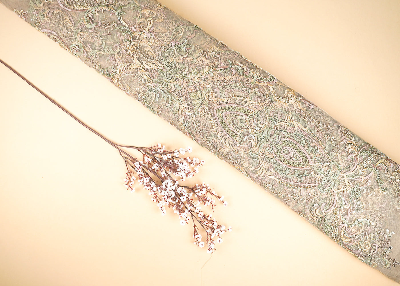 Cream Imported Net Fabric With All Over Sequins, Thread, Bead And Katdana Work 21937