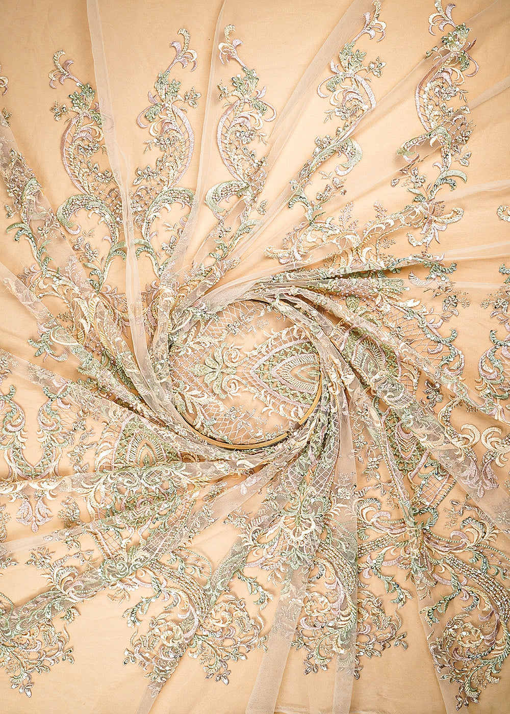 Cream Imported Net Fabric With All Over Sequins, Thread, Bead And Katdana Work 21937