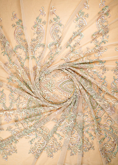 Cream Imported Net Fabric With All Over Sequins, Thread, Bead And Katdana Work 21937