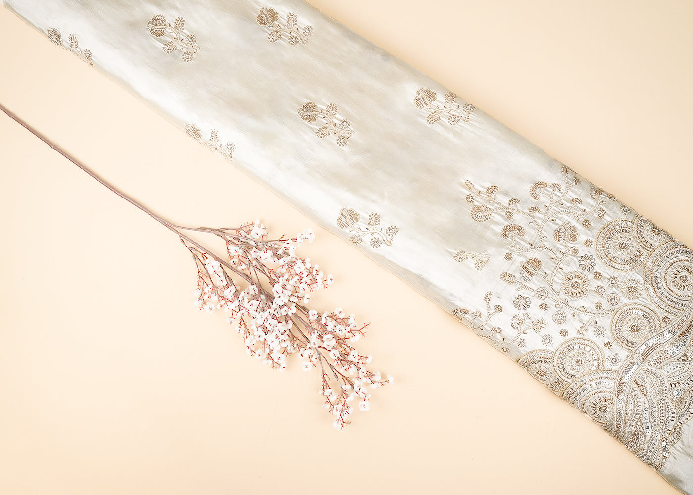 White Dyeable Silk Fabric With All Over Buti Of Zari, Sequins, Katdana And Bead Work With One Side Border 21938