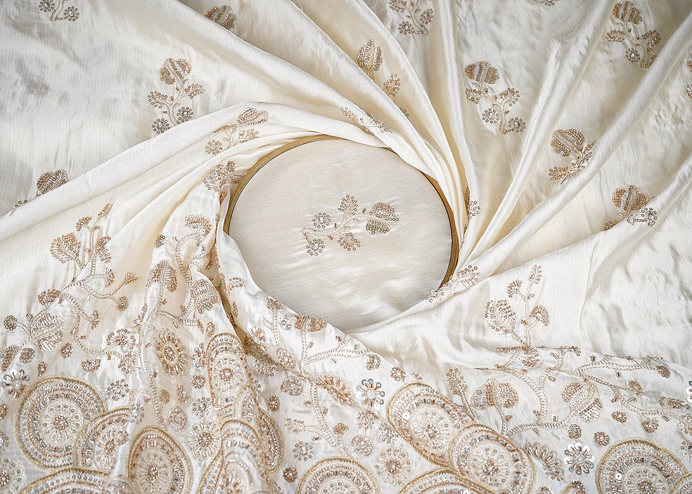 White Dyeable Silk Fabric With All Over Buti Of Zari, Sequins, Katdana And Bead Work With One Side Border 21938