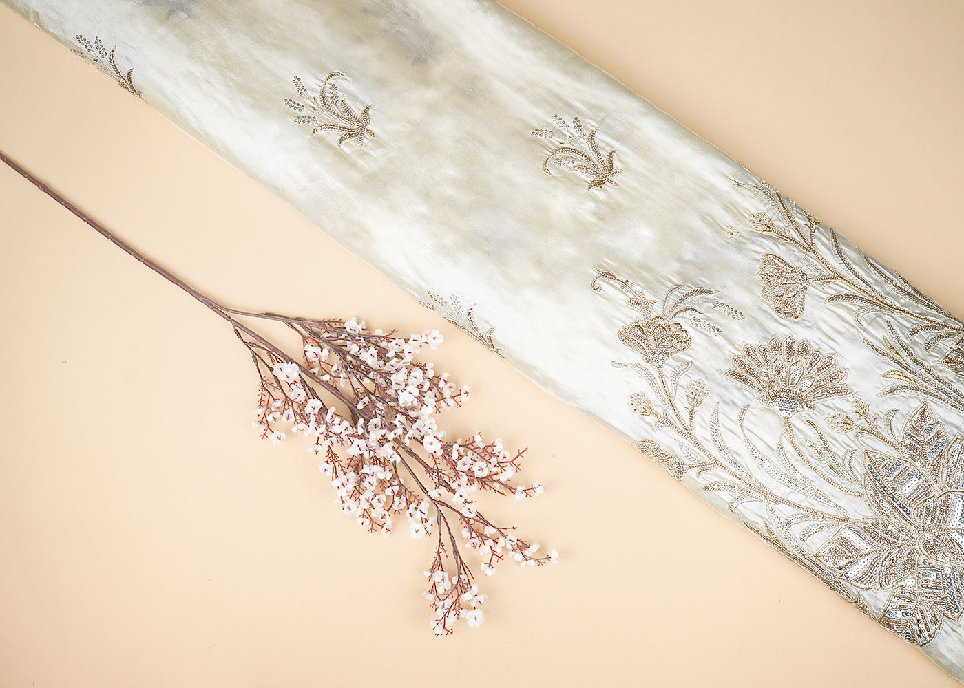 White Dyeable Silk Fabric With All Over Buti Of Zari, Sequins, Katdana And Bead Work With One Side Border 21939