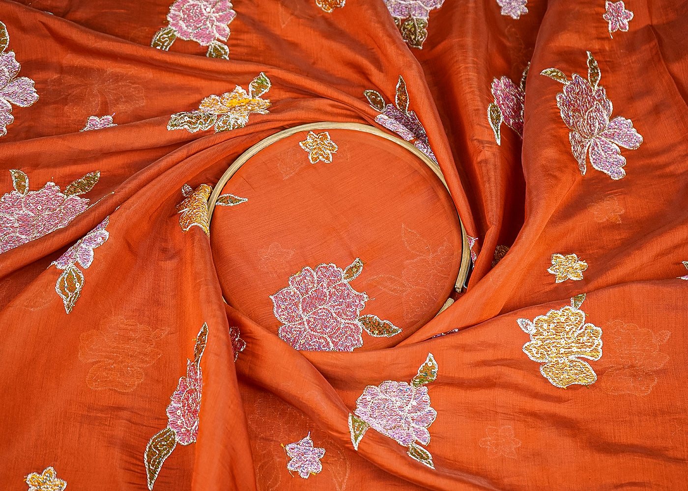 Rust Chanderi Fabric With All Over Floral Motif Of Thread, Zari And Sequins Work 21940