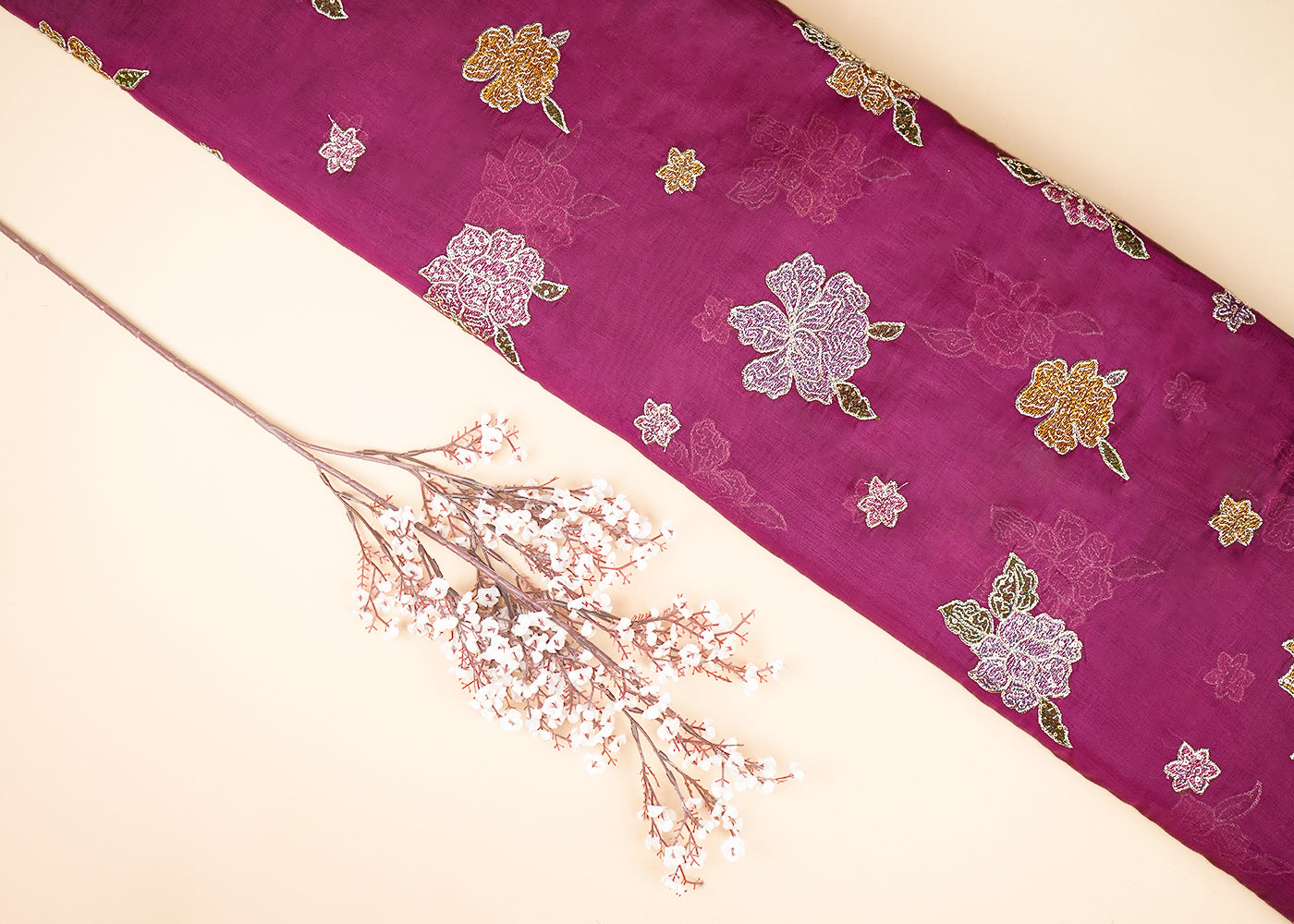 Purple Chanderi Fabric With All Over Floral Motif Of Thread, Zari And Sequins Work 21941
