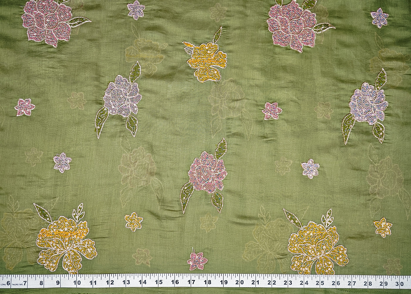 Green Chanderi Fabric With All Over Floral Motif Of Thread, Zari And Sequins Work 21942