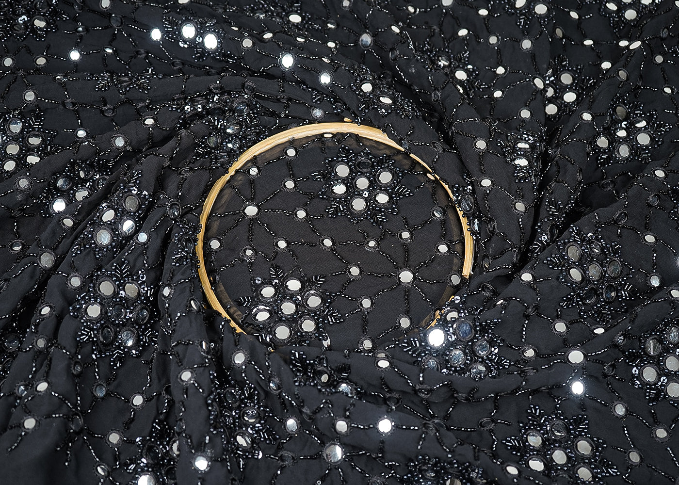 Black Georgette Fabric With All Over Sequins, Katdana, Thread And Faux Mirror Work 21951
