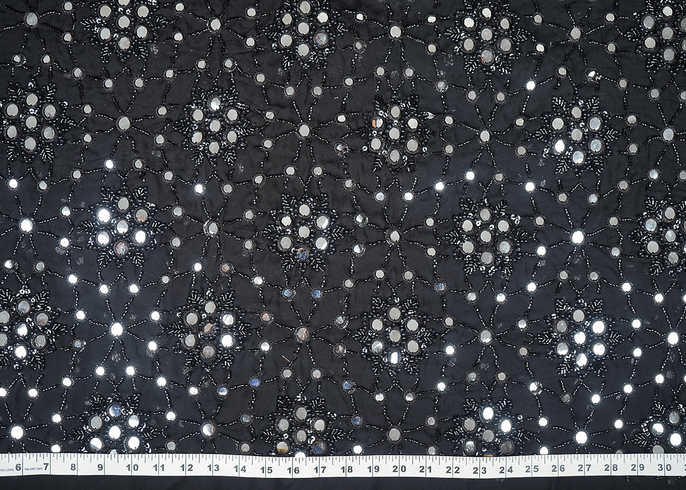 Black Georgette Fabric With All Over Sequins, Katdana, Thread And Faux Mirror Work 21951