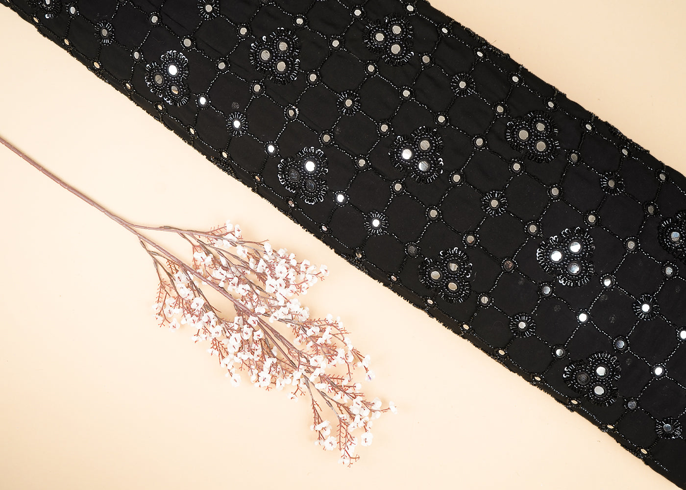 Black Georgette Fabric With All Over Sequins, Katdana, Thread And Faux Mirror Work 21952