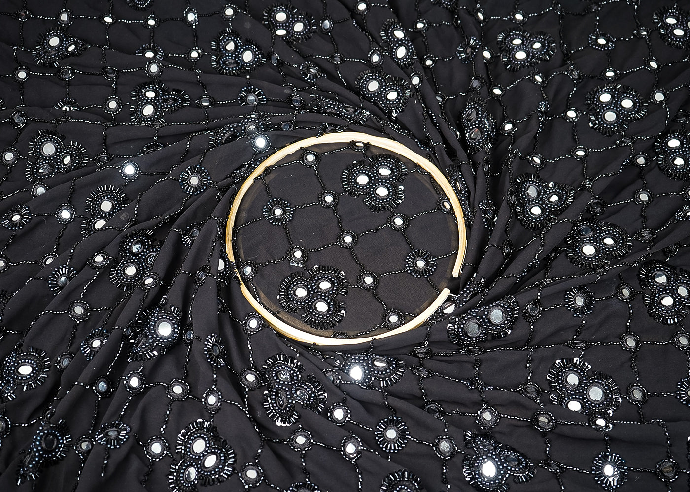 Black Georgette Fabric With All Over Sequins, Katdana, Thread And Faux Mirror Work 21952