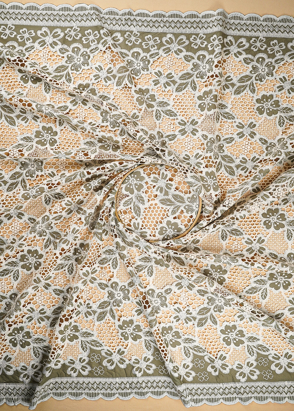 Mehendi-Green-Cotton-Fabric-With-All-Over-Thread-And-Cutwork-With-Two-Side-Scalloped-Border-21956-close-view