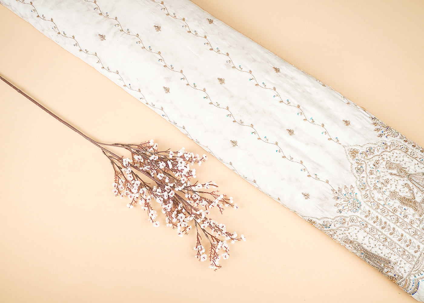 White Dyeable Dola Silk Fabric With All Over Zari, Sequins, Bead And Katdana Work With One Side Scalloped Border 21963