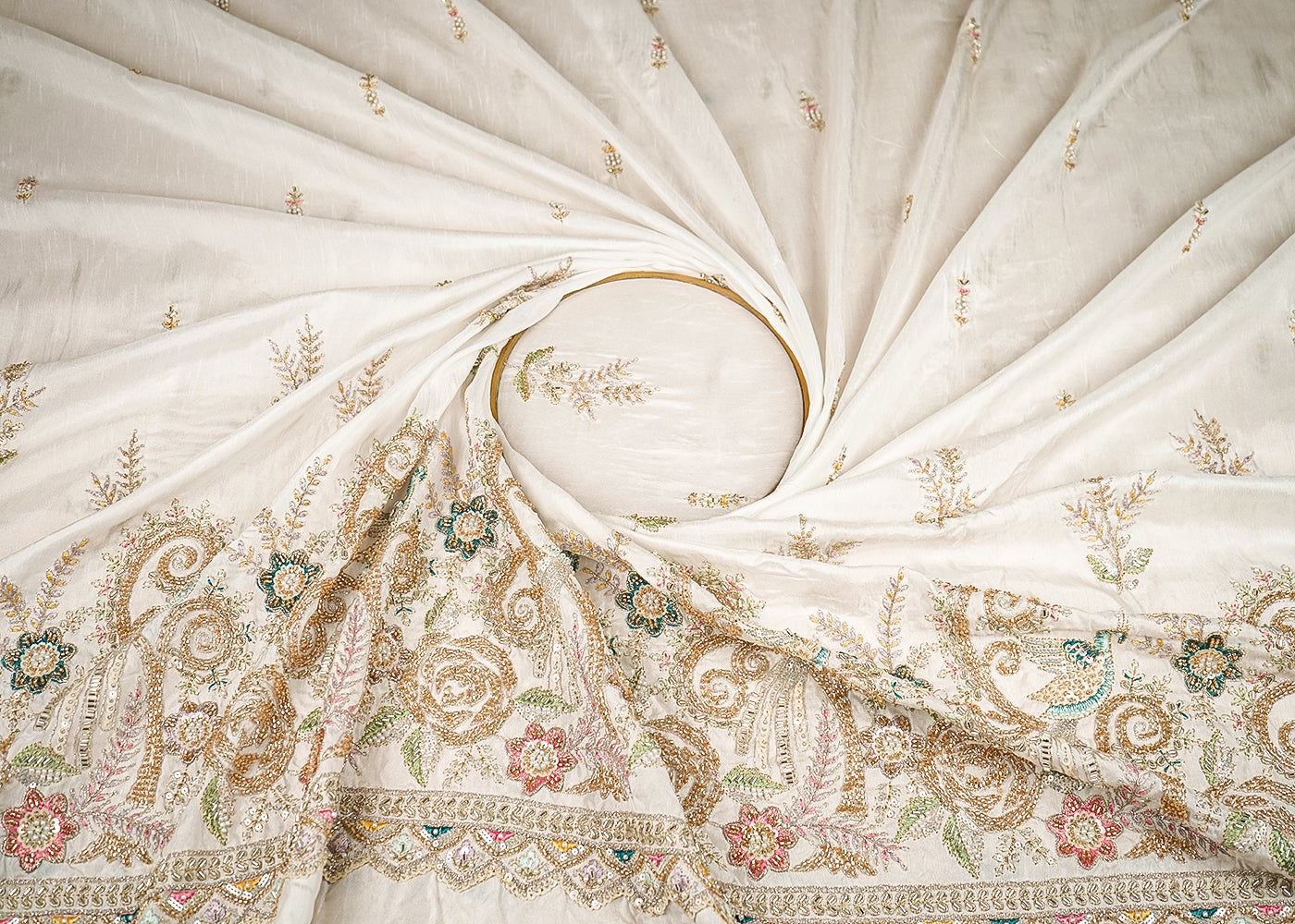 White Dyeable Dola Silk Fabric With All Over Zari, Sequins, Bead, Katdana And Multi Color Thread Work With One Side Scalloped Border 21964