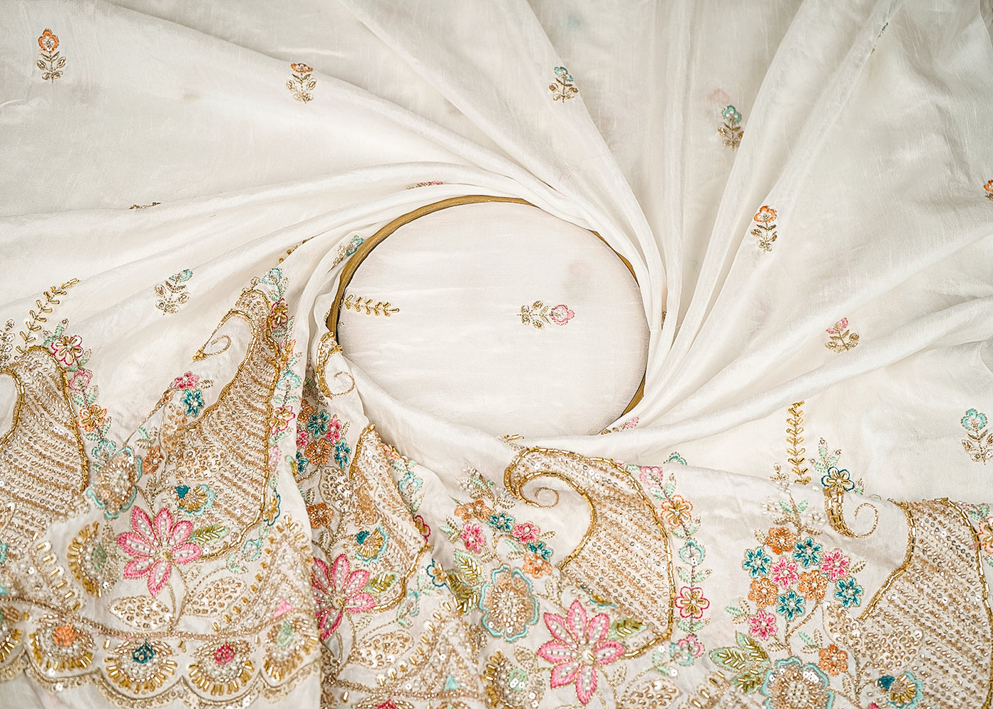 White Dyeable Dola Silk Fabric With All Over Buti Of Zari, Sequins, Bead, Katdana And Multi Color Thread Work With One Side Scalloped Border 21965