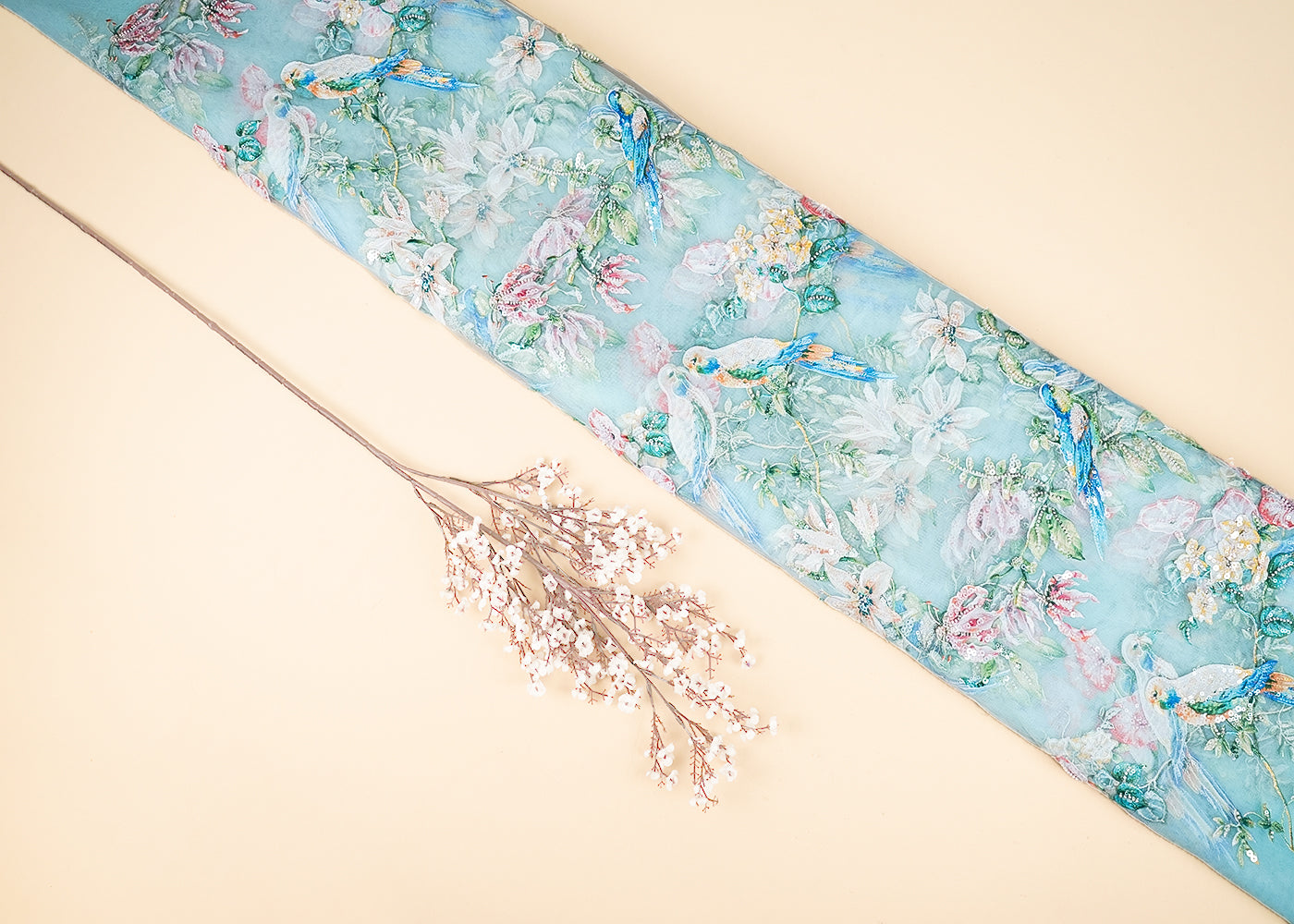 Sky Blue Imported Net Fabric With All Over Bird Motif of Sequins, Bead and Patch Work 21967