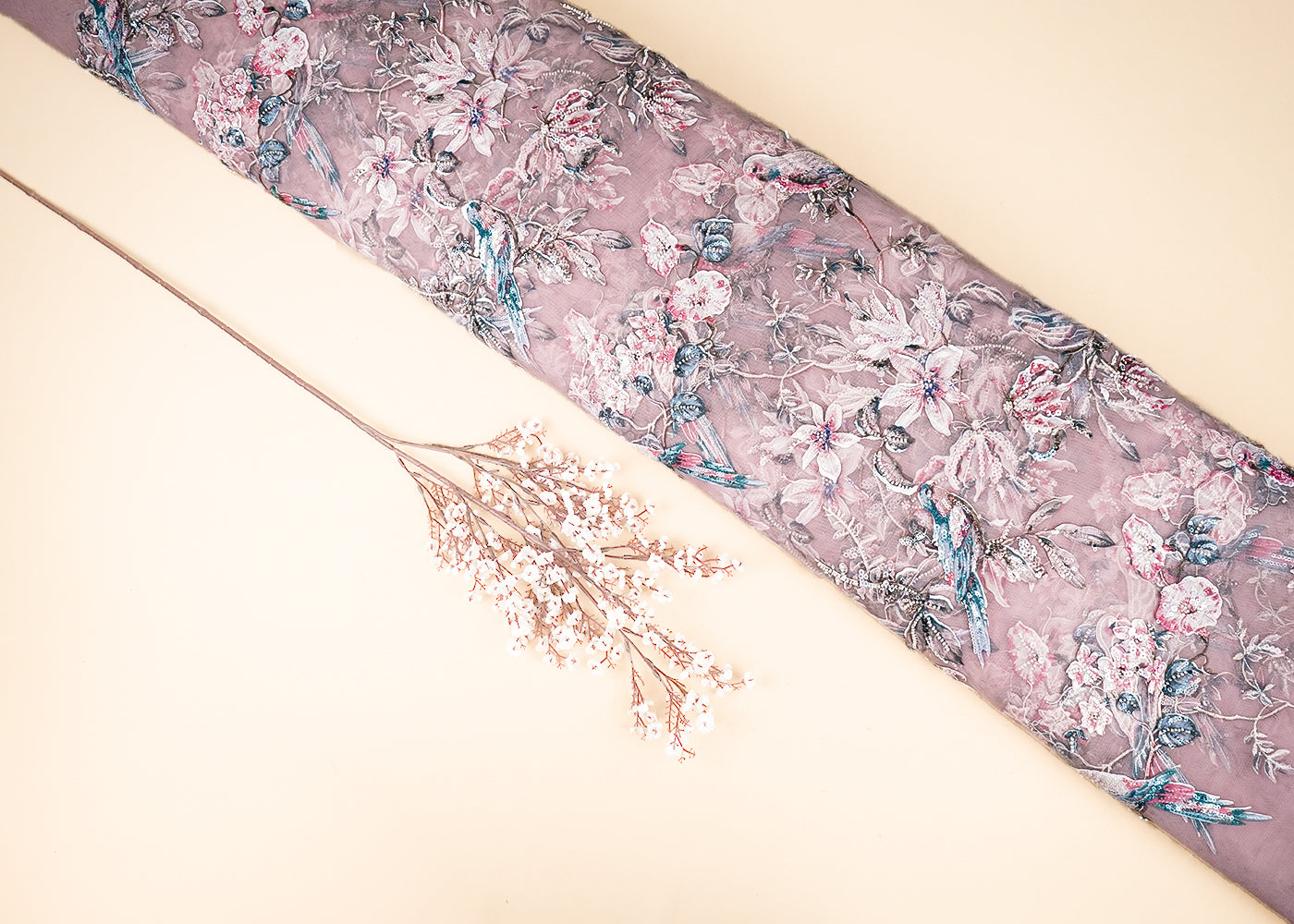 Onion Pink Imported Net Fabric With All Over Bird Motif of Sequins, Bead and Patch Work 21968