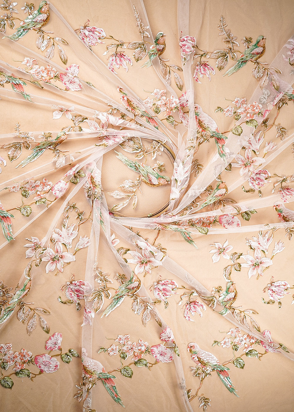 Peach Imported Net Fabric With All Over Bird Motif of Sequins, Bead and Patch Work 21969