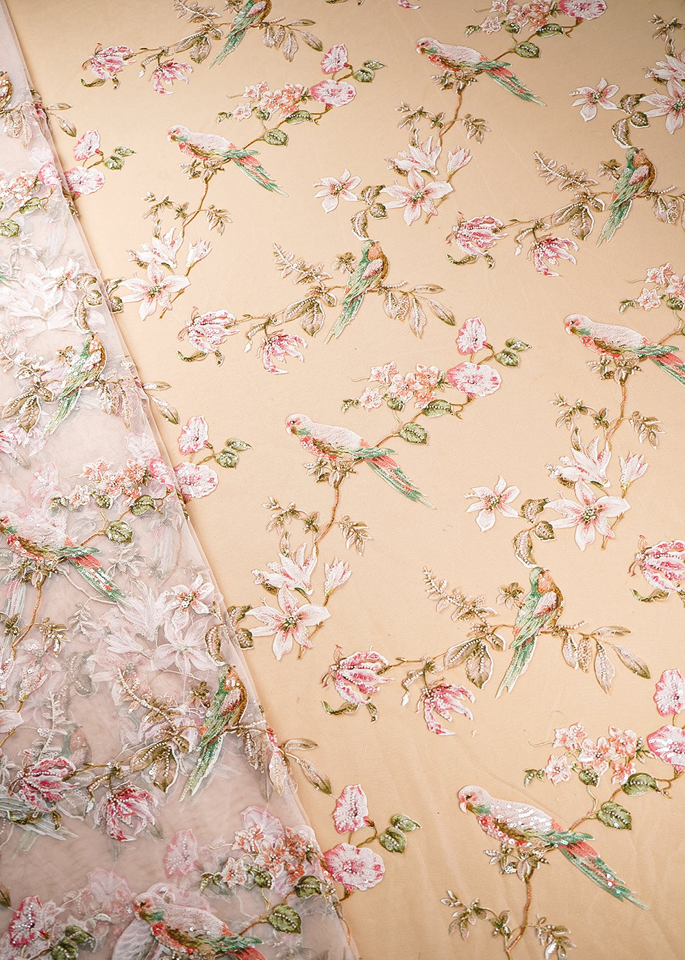 Peach Imported Net Fabric With All Over Bird Motif of Sequins, Bead and Patch Work 21969