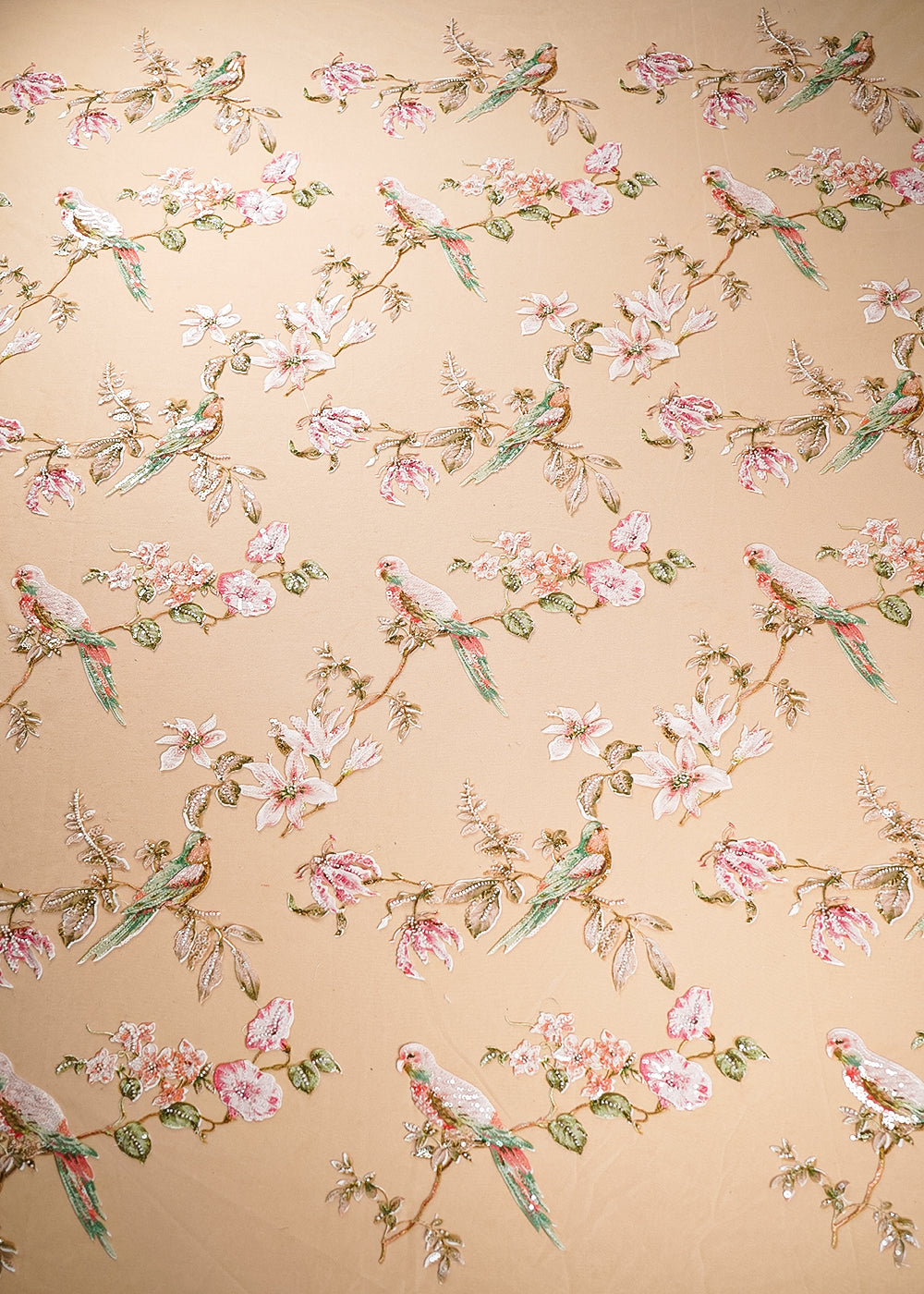 Peach Imported Net Fabric With All Over Bird Motif of Sequins, Bead and Patch Work 21969